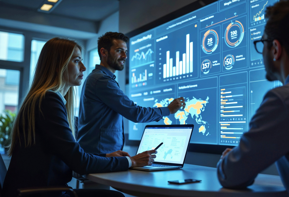 Engineers reviewing a live analytics dashboard